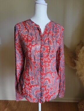 Lucky Brand Pin Tuck Blouse Long Sleeve Button Up Paisley Print Size Small